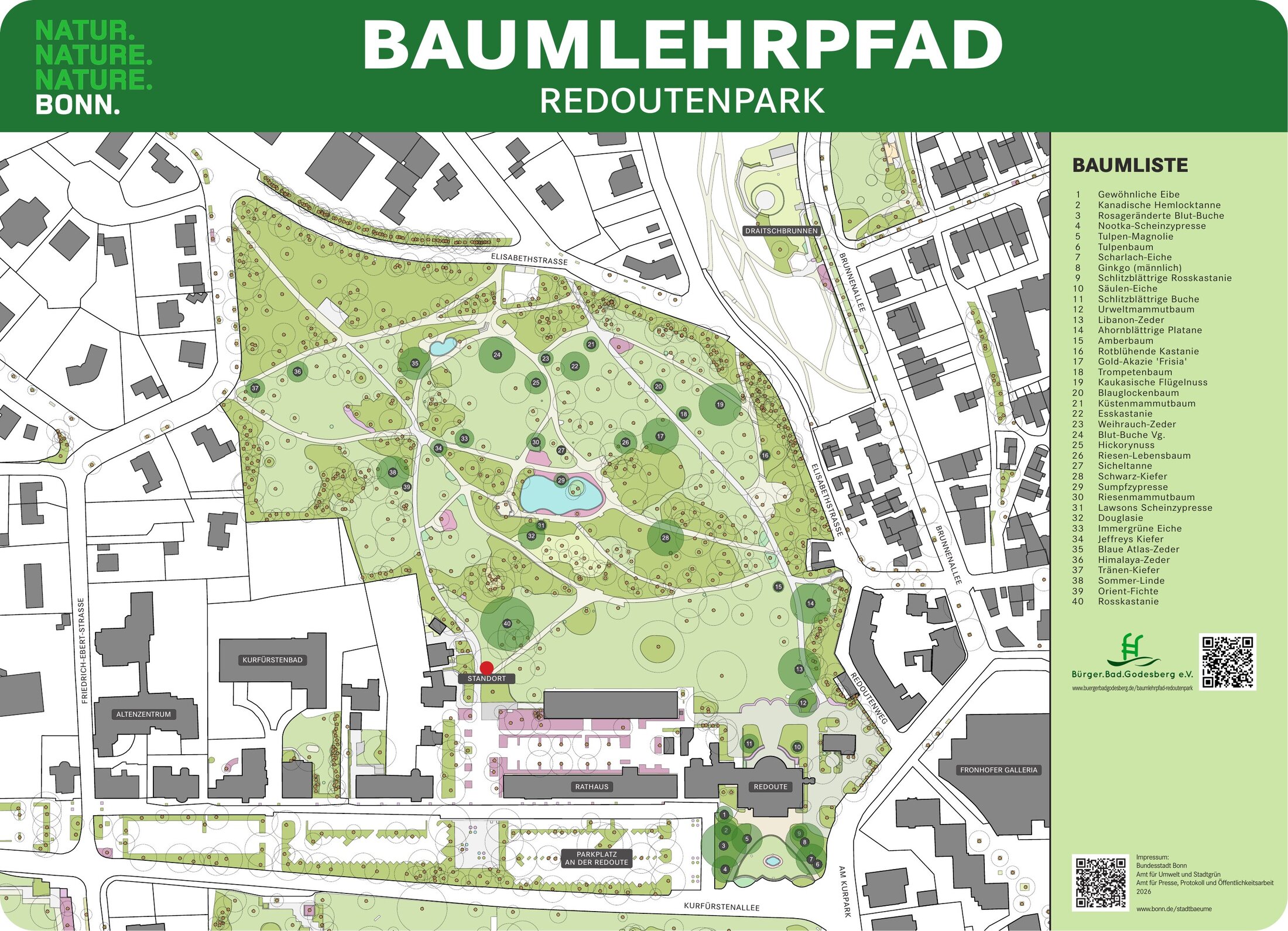 Karte des Baumlehrpfads Redoutenpark mit nummerierten Baumstandorten